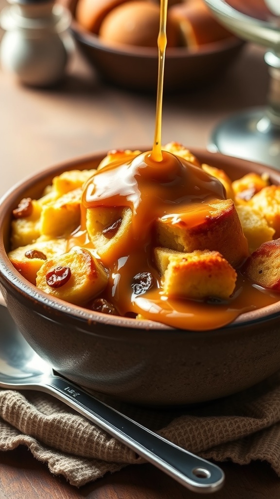 Classic Bread Pudding Recipe A bowl of classic bread pudding with raisins, drizzled with vanilla sauce, on a rustic table.